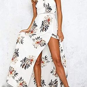 Elegant Floral High Low Halter Dress W Tie Back in White